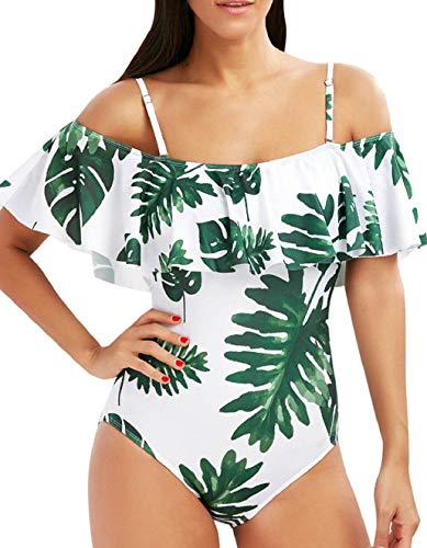 heekpek Traje de Baño Mujer una Pieza Off Shoulder Bikini Volantes High Waist Bikini Impresión de Plantas Tropicales Bañador Mujer Cintura Alta Sexy Swimsuit One Piece Swimwear Monokini