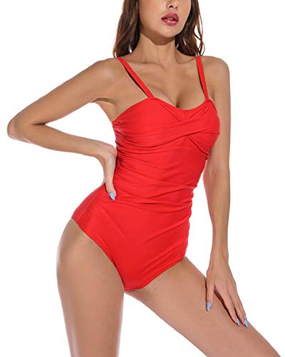 heekpek Traje de Baño Una Pieza para Mujer Bañadores Mujer Reductores Cuello en V Pliegues Bañador Bikini Retro