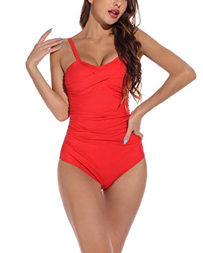 heekpek Traje de Baño Una Pieza para Mujer Bañadores Mujer Reductores Cuello en V Pliegues Bañador Bikini Retro