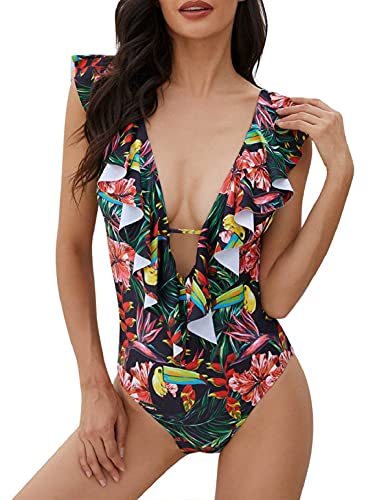 heekpek Trajes de Baño una Pieza Bikini Volantes Sexy Cuello en V Bañadores de Mujer Estampado Tropical Cintura Alta Bikini Sexy Mujer