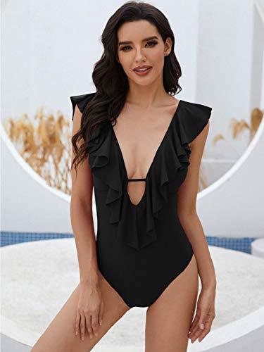 heekpek Trajes de Baño una Pieza Bikini Volantes Sexy Cuello en V Bañadores de Mujer Estampado Tropical Cintura Alta Bikini Sexy Mujer