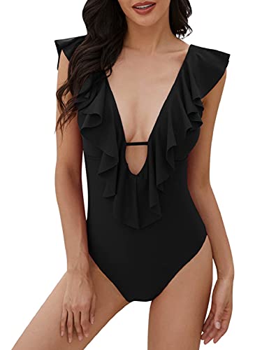 heekpek Trajes de Baño una Pieza Bikini Volantes Sexy Cuello en V Bañadores de Mujer Estampado Tropical Cintura Alta Bikini Sexy Mujer