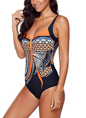 heekpek Trajes de Una Pieza Vintage Impresión Bañador Natacion Mujer Surf Tallas Grandes Monokini Push Up Sexy V-Cuello Verano Traje de Baño Atlético Mujeres Retro Trajes de Baño