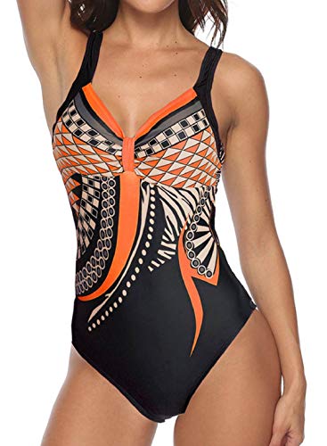 heekpek Trajes de Una Pieza Vintage Impresión Bañador Natacion Mujer Surf Tallas Grandes Monokini Push Up Sexy V-Cuello Verano Traje de Baño Atlético Mujeres Retro Trajes de Baño