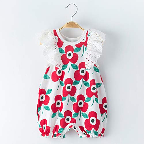 HEETEY Recién nacido, bebé niña, con volantes, arco, floral, enterizo con mangas volantes, encaje de flores, arco, costura, monos, ropa de bebé. rojo 73 cm