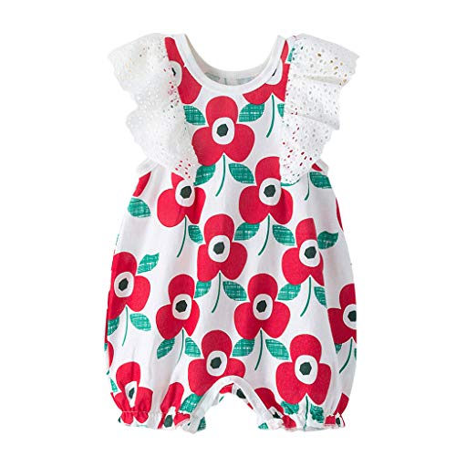 HEETEY Recién nacido, bebé niña, con volantes, arco, floral, enterizo con mangas volantes, encaje de flores, arco, costura, monos, ropa de bebé. rojo 73 cm