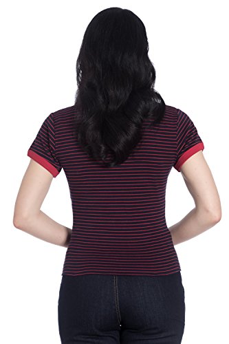 Hell Bunny Top A Rayas Ellie de con Bordado de Cereza de Estilo Vintage Retro Rockabilly - Negro & Rojo (XS - ES 36)
