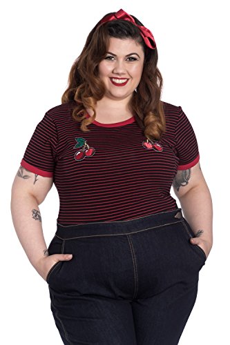 Hell Bunny Top A Rayas Ellie de con Bordado de Cereza de Estilo Vintage Retro Rockabilly - Negro & Rojo (XS - ES 36)