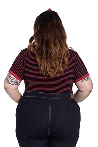 Hell Bunny Top A Rayas Ellie de con Bordado de Cereza de Estilo Vintage Retro Rockabilly - Negro & Rojo (XS - ES 36)
