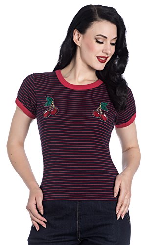 Hell Bunny Top A Rayas Ellie de con Bordado de Cereza de Estilo Vintage Retro Rockabilly - Negro & Rojo (XS - ES 36)