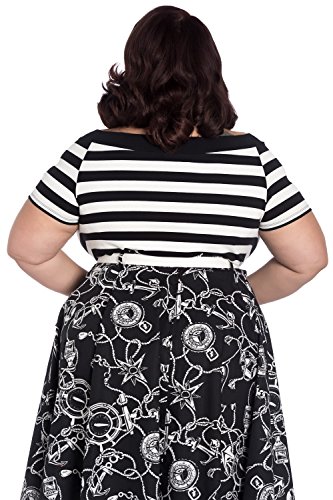 Hell Bunny Top Cuello EN V Caitlin de A Rayas con Mangas Cortas de Estilo Vintage Retro 50s Rockabilly - Negro & Blanco (4XL - ES 50-52)