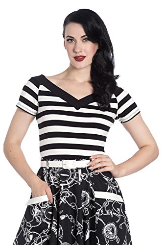 Hell Bunny Top Cuello EN V Caitlin de A Rayas con Mangas Cortas de Estilo Vintage Retro 50s Rockabilly - Negro & Blanco (4XL - ES 50-52)