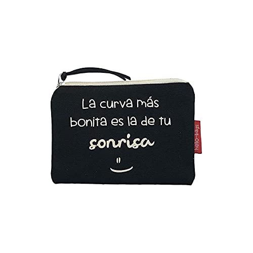 Hello-Bags Bolso Monedero/Billetero/Tarjetero. Algodón 100%. Negro. con Cremallera y Forro Interior. 14 * 10 cm. Incluye sobre Kraft de Regalo, N-001-LACURVA