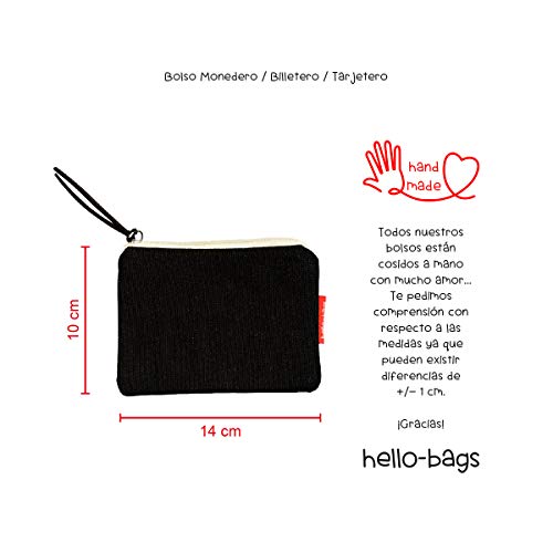 Hello-Bags Bolso Monedero/Billetero/Tarjetero. Algodón 100%. Negro. con Cremallera y Forro Interior. 14 * 10 cm. Incluye sobre Kraft de Regalo, N-001-LACURVA