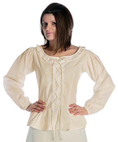 Hemad Blusa Medieval Femenina - Encaje Frontal y Trasero - Algodón Puro – L Beige