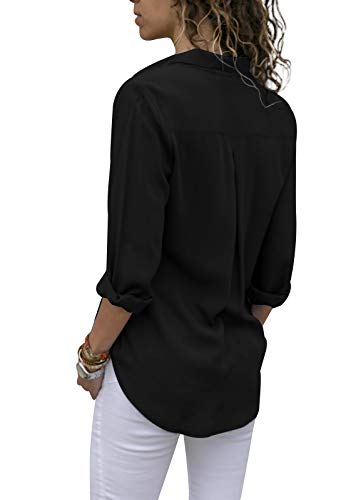 HenzWorld Camisa de Gasa con Solapa para Mujer Blusa Informal Holgada con túnica Lisa Blusa Negra para Mujer Camiseta de Manga Larga con Botones Talla L