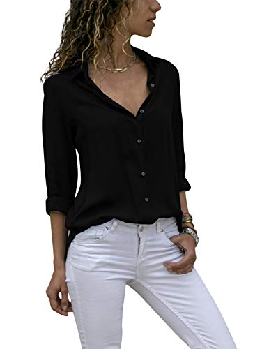 HenzWorld Camisa de Gasa con Solapa para Mujer Blusa Informal Holgada con túnica Lisa Blusa Negra para Mujer Camiseta de Manga Larga con Botones Talla L