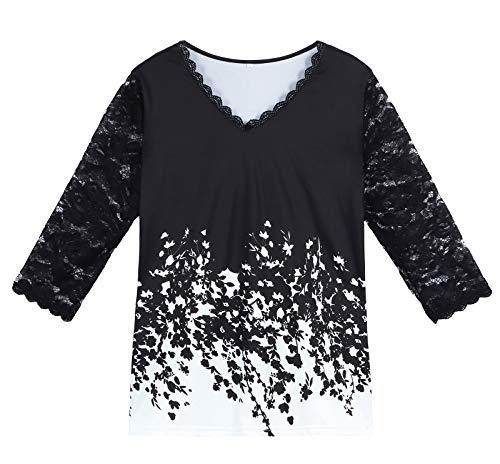 HenzWorld - Camiseta de Negocios con Mangas de Encaje 3/4 para Mujer Blusa Informal Holgada de Talla Grande Blusa Floral con Cuello en V para Mujer (Negro Talla XL)