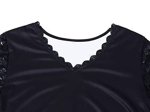 HenzWorld - Camiseta de Negocios con Mangas de Encaje 3/4 para Mujer Blusa Informal Holgada de Talla Grande Blusa Floral con Cuello en V para Mujer (Negro Talla XL)