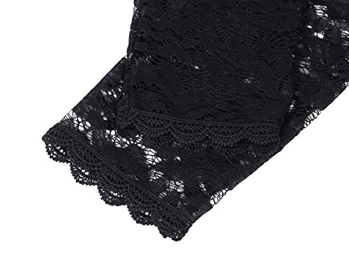 HenzWorld - Camiseta de Negocios con Mangas de Encaje 3/4 para Mujer Blusa Informal Holgada de Talla Grande Blusa Floral con Cuello en V para Mujer (Negro Talla XL)