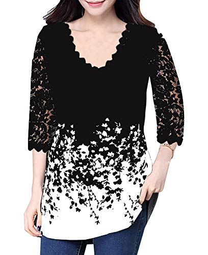 HenzWorld - Camiseta de Negocios con Mangas de Encaje 3/4 para Mujer Blusa Informal Holgada de Talla Grande Blusa Floral con Cuello en V para Mujer (Negro Talla XL)