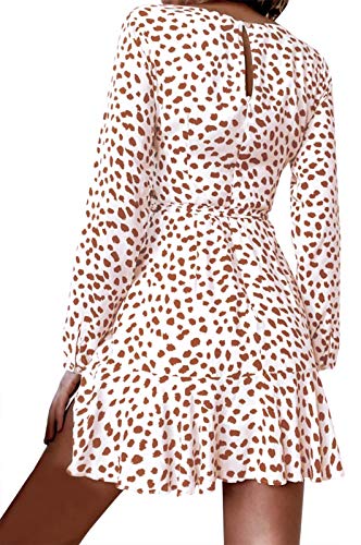 HenzWorld - Mini Vestidos de Gasa con Dobladillo con Volantes para Mujer Cintura con Lazo Estampado de Puntos Vestido de Manga Larga con Cuello en V Profundo para Mujer (Blanco Talla M)