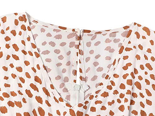 HenzWorld - Mini Vestidos de Gasa con Dobladillo con Volantes para Mujer Cintura con Lazo Estampado de Puntos Vestido de Manga Larga con Cuello en V Profundo para Mujer (Blanco Talla M)