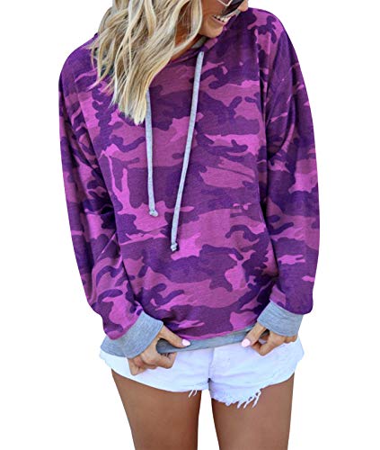 HenzWorld Sudadera de Manga Larga con Cordón para Mujer Sudaderas con Capucha de Camuflaje Suéter Informal Ligero con Capucha para Mujer (Púrpura Talla M)