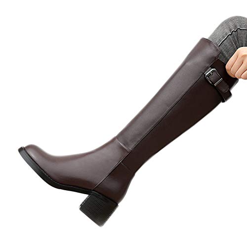 HEWXWX Nuevas Botas DE MONTAÑA DE Caballo,Botas de Equitación Femenina,Traje Medieval de Estilo escocés Botas Altas de Cuero Liso,Botas de Campo de Competición Deportiva,Brown(Warmth)-EU35