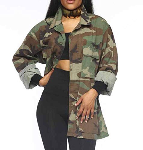 Hibasing Chaquetas Vintage Militares de Camuflaje para Mujer Abrigos de Mezclilla Verde Militar con Bolsillos