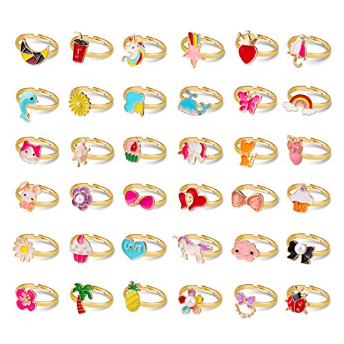 Hifot Anillos Ajustables para niñas 36 Piezas, Princesa Ladybug Mariposa Flor Unicornio Anillos de Dedo con Joyero, Regalo Anillos niñas pequeñas Artículos de Fiesta Vestidos Accessorio