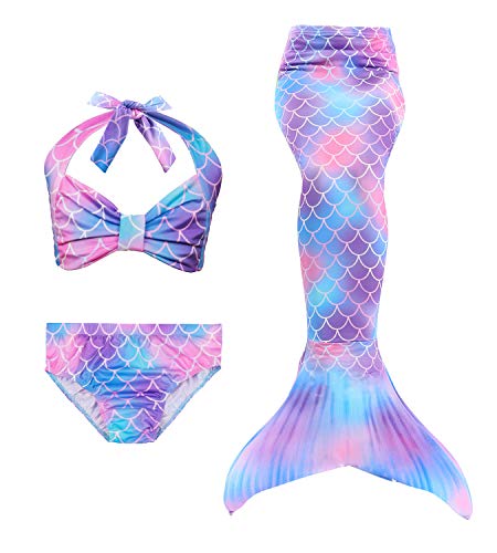 Hifunbay Cola de Sirena Niña para Nadar Incluido Traje de Sirena Baño de Bikini de 3 Piezas y Diadema con Guirnaldas de Flores sin monoaleta (DH48-B07, 130)