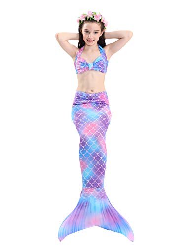 Hifunbay Cola de Sirena Niña para Nadar Incluido Traje de Sirena Baño de Bikini de 3 Piezas y Diadema con Guirnaldas de Flores sin monoaleta (DH48-B07, 130)