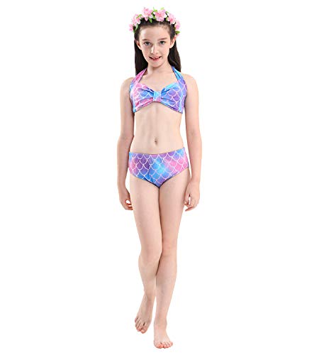 Hifunbay Cola de Sirena Niña para Nadar Incluido Traje de Sirena Baño de Bikini de 3 Piezas y Diadema con Guirnaldas de Flores sin monoaleta (DH48-B07, 130)