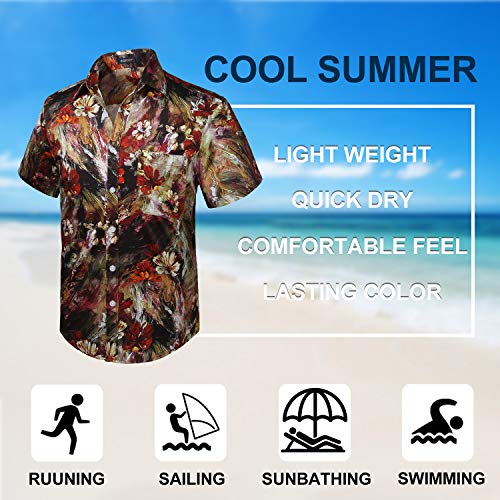 HISDERN Hombre Funky Hawaiian Floral Shirts Manga Corta Bolsillo Delantero, lNegro & Amarillo & Marron, XXL