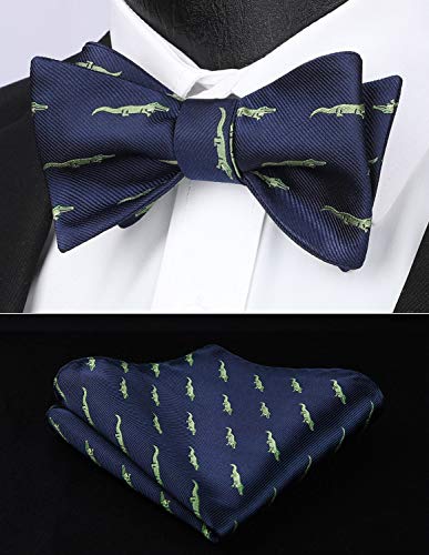 HISDERN Hombres Cocodrilo Patron Yo Corbata de mono & Plaza de bolsillo Set Fiesta de bodas Accesorios Azul marino/verde claro