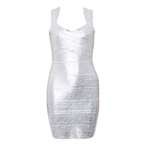 HLBandage Women Metallic Sleeveless Halter Bodycon Bandage Dress(M,Plateado)