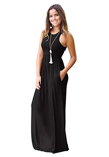 Hmeng - Vestido largo sin mangas y con bolsillos para mujer. Vestido de fiesta largo, estampado liso negro negro XL