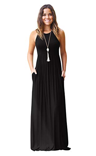 Hmeng - Vestido largo sin mangas y con bolsillos para mujer. Vestido de fiesta largo, estampado liso negro negro XL
