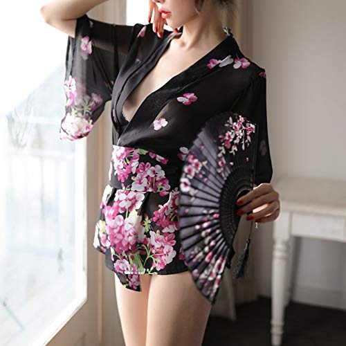 HNGPB Kimono de flores japonesas para mujer Cosplay Lencería corto vestido vestido mini (negro)