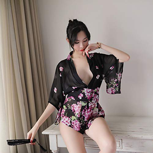 HNGPB Kimono de flores japonesas para mujer Cosplay Lencería corto vestido vestido mini (negro)