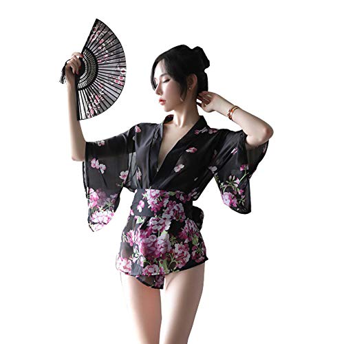HNGPB Kimono de flores japonesas para mujer Cosplay Lencería corto vestido vestido mini (negro)