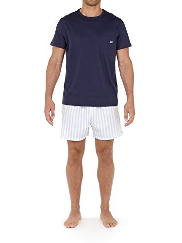 HOM NIOLON Short Sleepwear Juego de Pijama, Haut: Marine Uni, Bas: Chaine et Trame Rayure Bleu/Blanche, S para Hombre