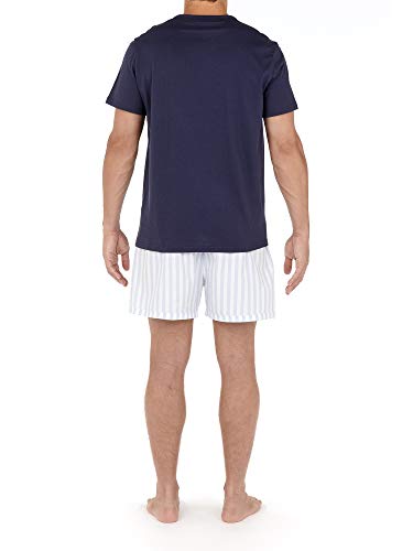 HOM NIOLON Short Sleepwear Juego de Pijama, Haut: Marine Uni, Bas: Chaine et Trame Rayure Bleu/Blanche, S para Hombre