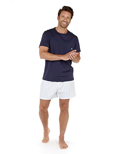 HOM NIOLON Short Sleepwear Juego de Pijama, Haut: Marine Uni, Bas: Chaine et Trame Rayure Bleu/Blanche, S para Hombre
