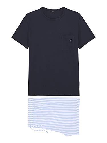 HOM NIOLON Short Sleepwear Juego de Pijama, Haut: Marine Uni, Bas: Chaine et Trame Rayure Bleu/Blanche, S para Hombre