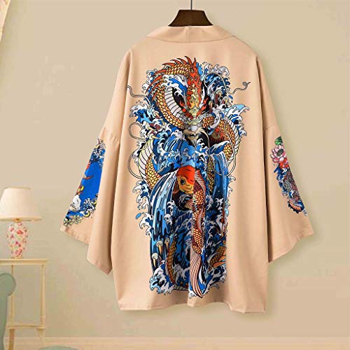 Hombre Camisa Kimono Hippie Cloak Estilo Japonés Estampado Holgado Manga 3/4 Cardigan Chaqueta Capa Ropa Casual Abrigo Básico Camisetas Cuello Mao Vintage Blusa T-Shirt Top Gusspower