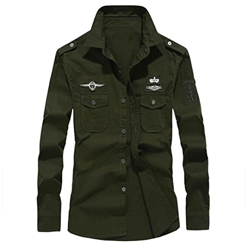 Hombre Camisas Manga Larga Militar Estilo Color Sólido Camiseta De Acampada Y Senderismo – Camisa Hombre Manga Larga Botón Bolsillo Casual (Verde del ejército, XXL)
