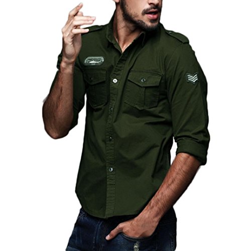 Hombre Camisas Manga Larga Militar Estilo Color Sólido Camiseta De Acampada Y Senderismo – Camisa para hombre (Verde del ejército, L)