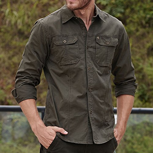 Hombre Camisas Manga Larga Militar Estilo Color Sólido Camiseta De Acampada Y Senderismo Verde del Ejército XL